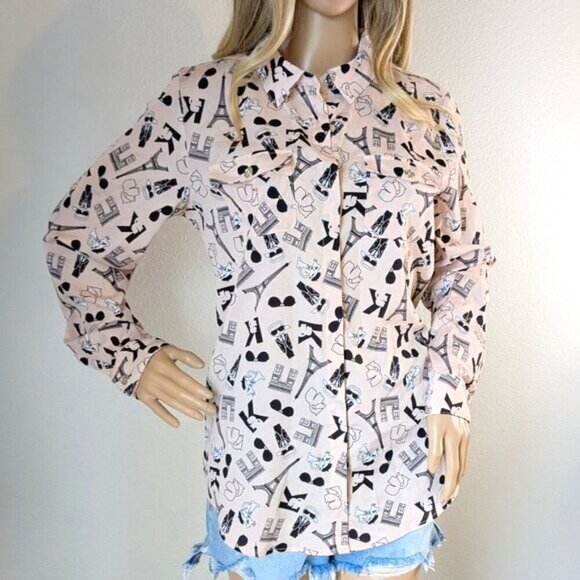 Karl Lagerfeld Button-up Blouse Women's Medium Pink Graphic Cats Paris Top - Picture 1 of 16